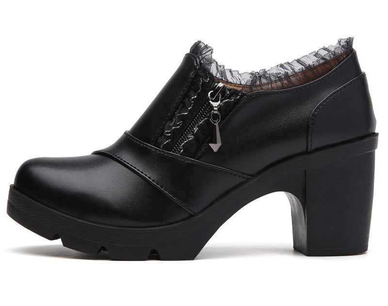 DADAWEN Women's Casual Zipper Lace Platform Mid-Heel Square Toe Oxfords Dress Shoes Black US Size 9 - Image 4